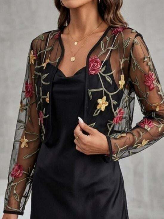 Scarlet Elias Sweaters - Embroidered Sheer Floral Cropped Cardigan - Black with Red & Gold Flowers Medium